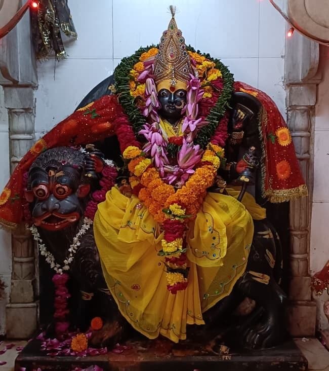 पीत वस्त्र, स्वर्ण-मुकुट तथा पुष्प-मालाओं से सज्जित श्याम-वर्ण देवी-प्रतिमा