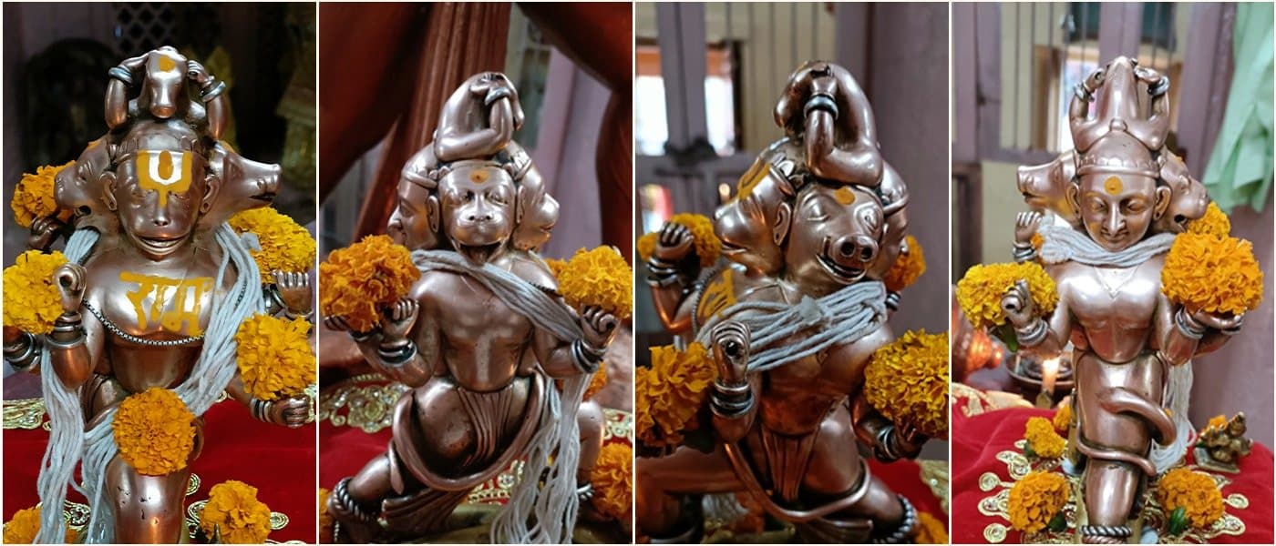 पंचमुखी हनुमान की धातु-प्रतिमा, गेंदे के पुष्पों एवं जनेऊ सहित, चार भिन्न कोणों से